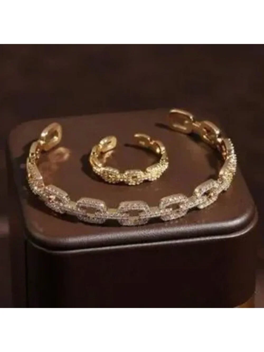 18K Gold Plated CZ Link Bracelet Ring Set C Adjustable